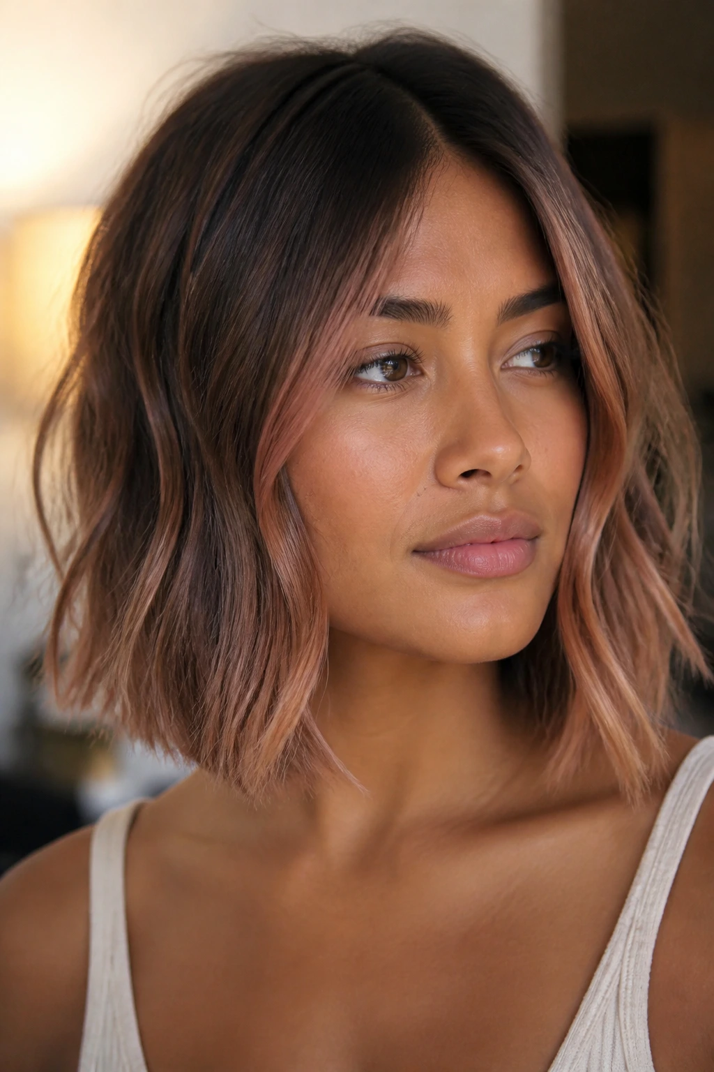 Close-up of a real woman with peach-infused highlights on a tapered lob