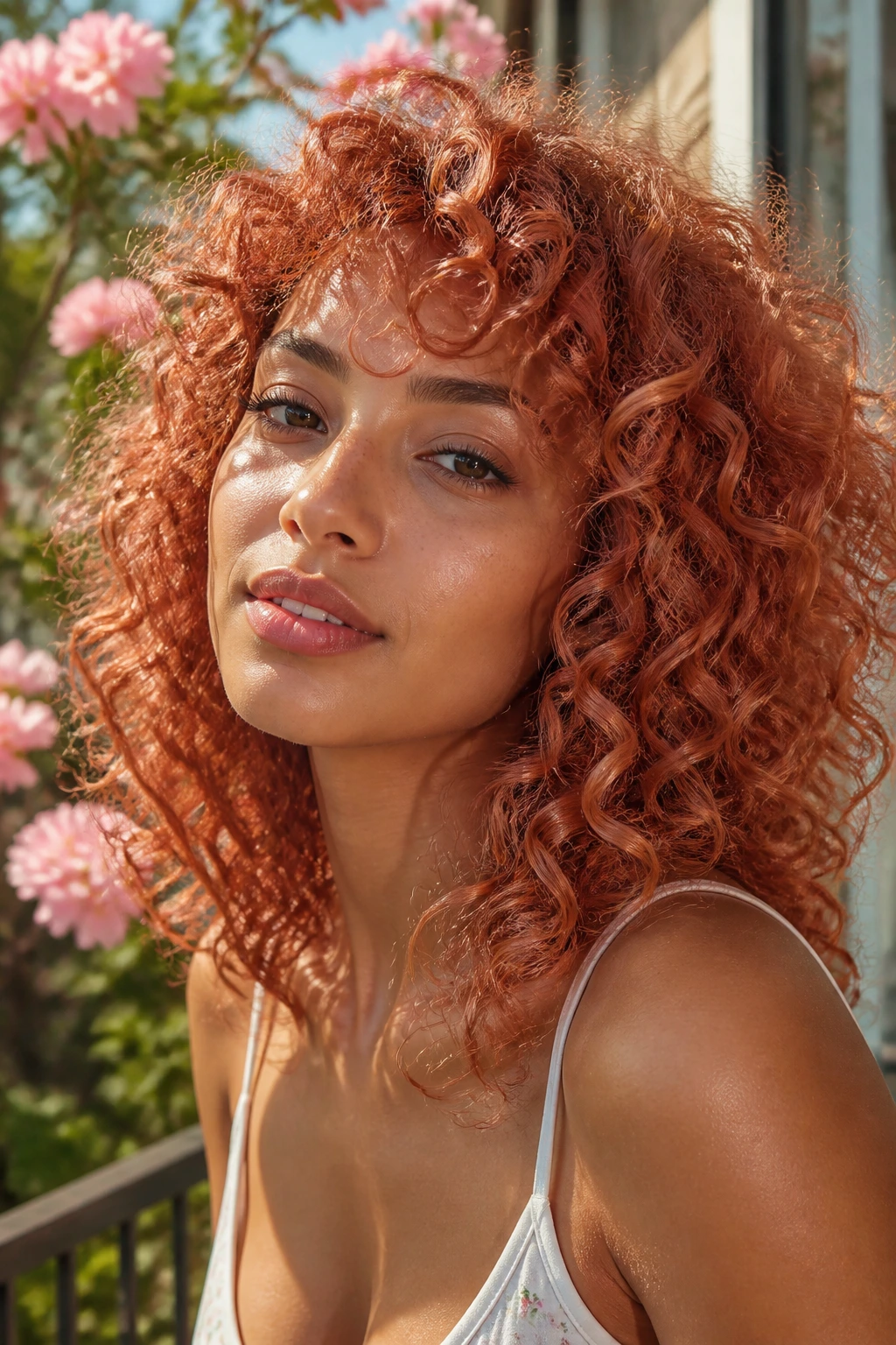 Close-up portrait of a real woman with peach jam curls on olive skin