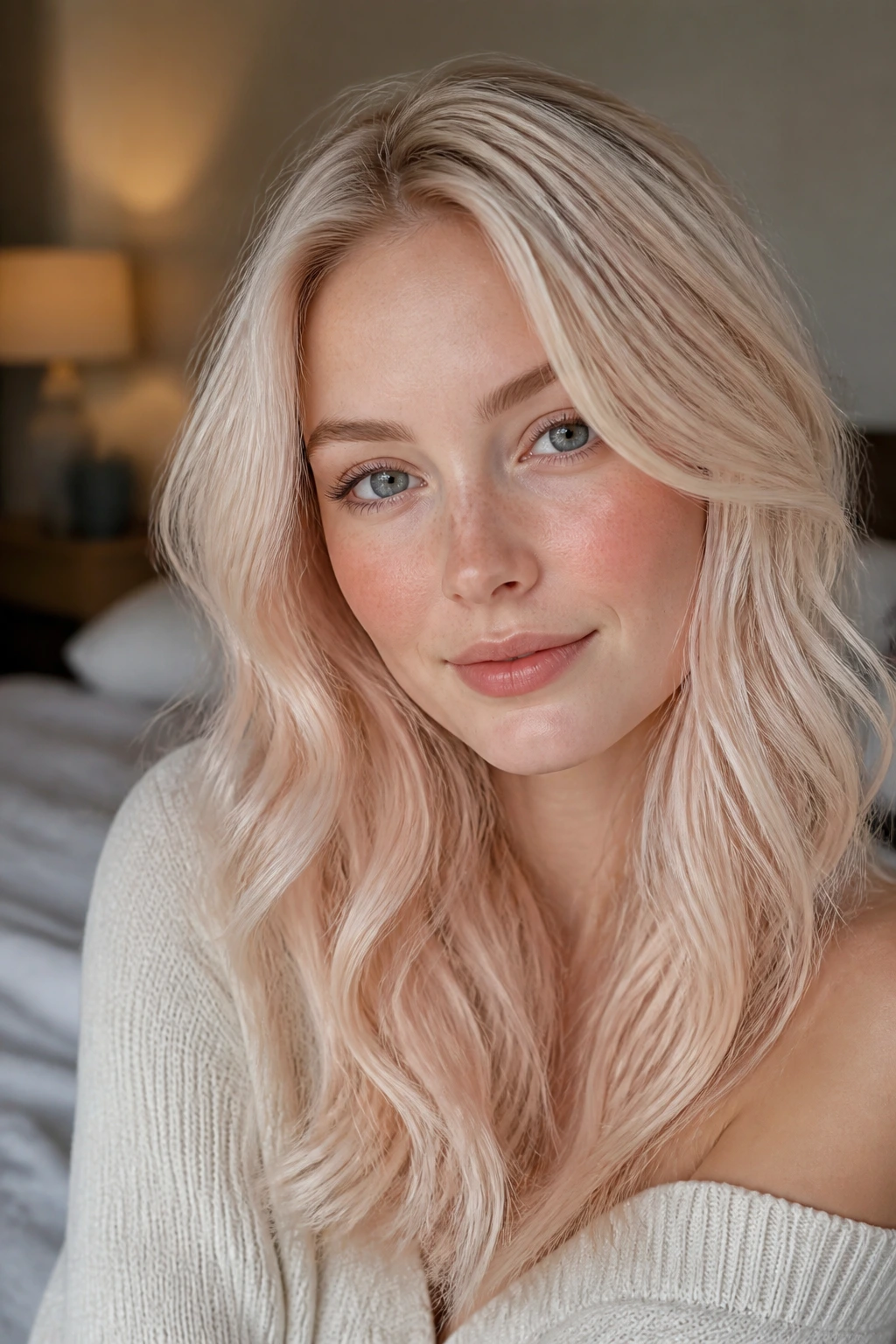 Close-up portrait of a real woman with peach-kissed platinum hair and soft warm flush.