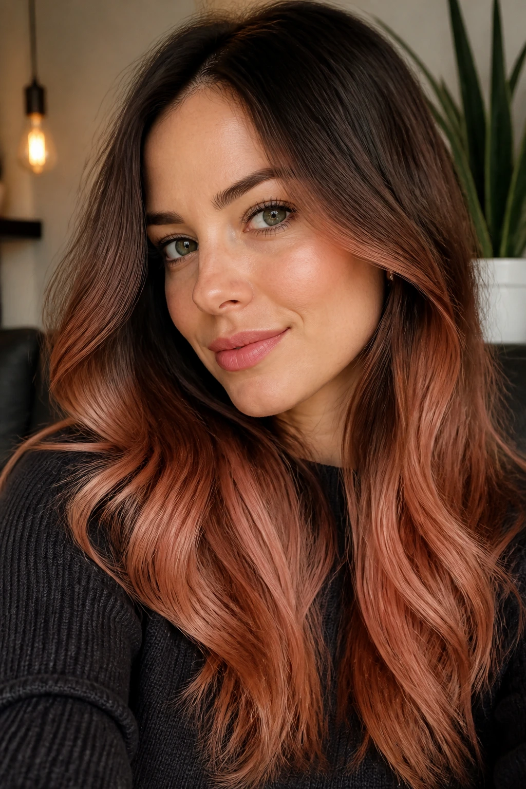 Close-up of dark brunette hair with peach melt gradient at midlengths to ends.