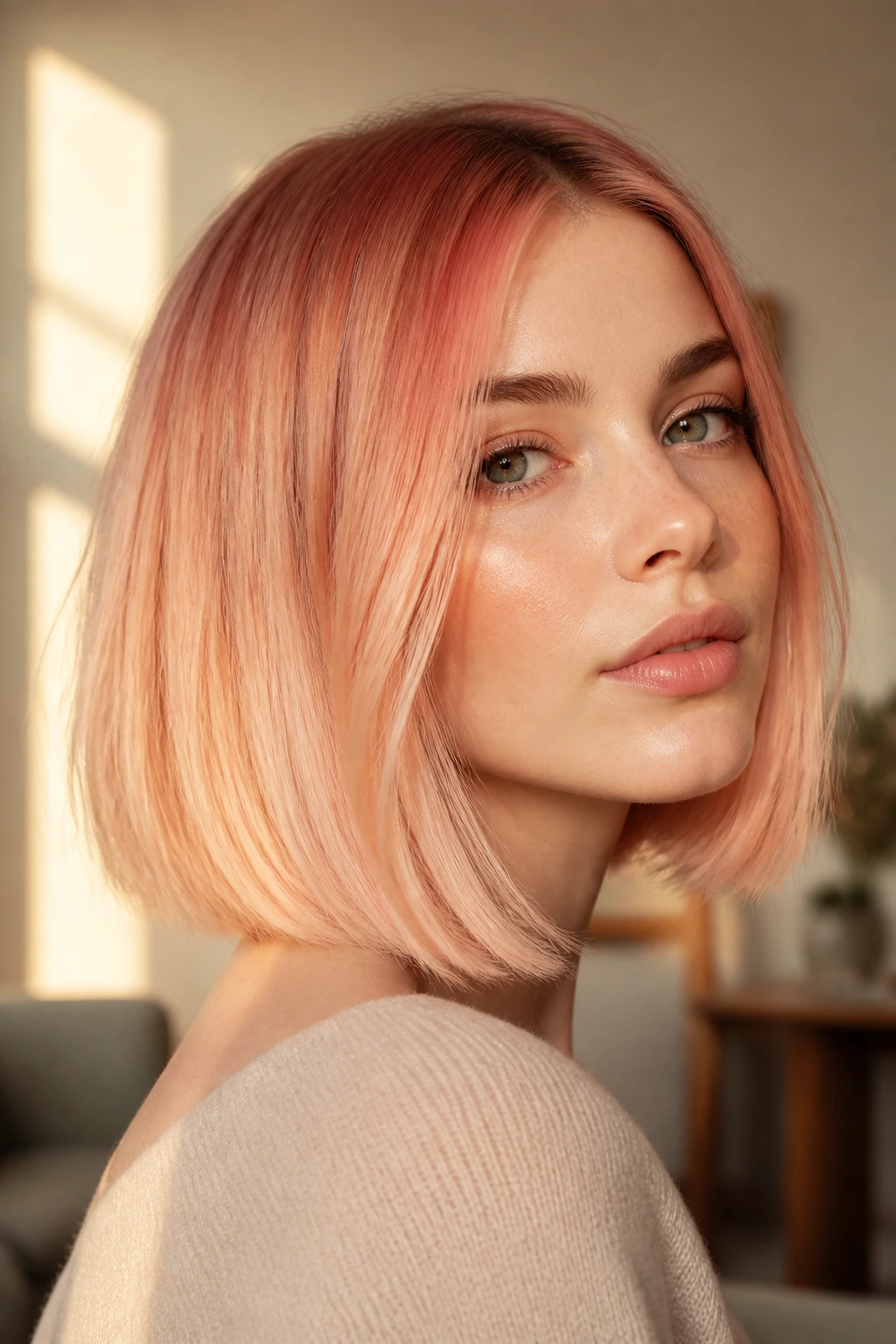 Close-up of a real person with a peach-petal bob and pale ends.