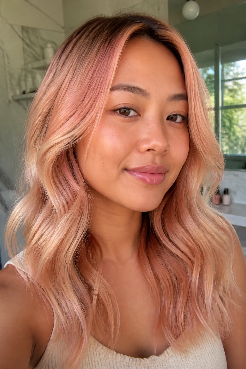 Close-up of a real woman with peach rose gloss on pre-lightened hair