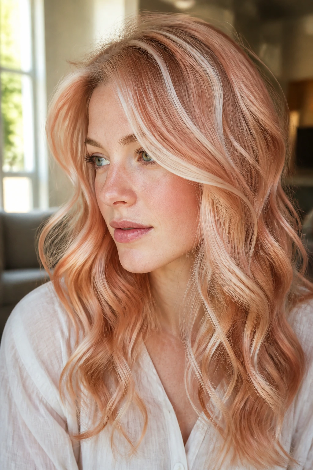 Real woman with peach-rose ribbon lights in soft curls