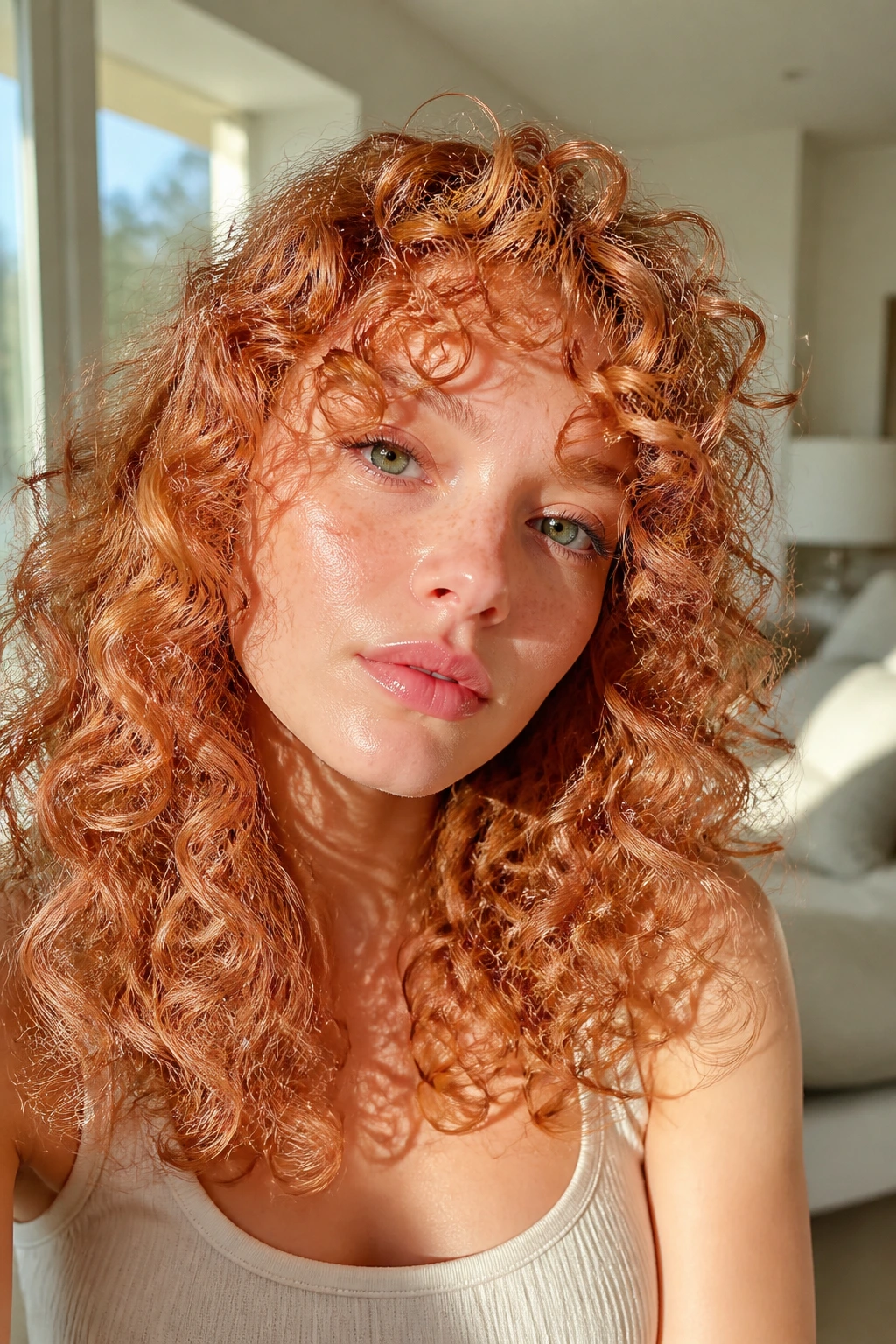 Close-up of a real person with peach-rose strawberry curls under natural sunlight