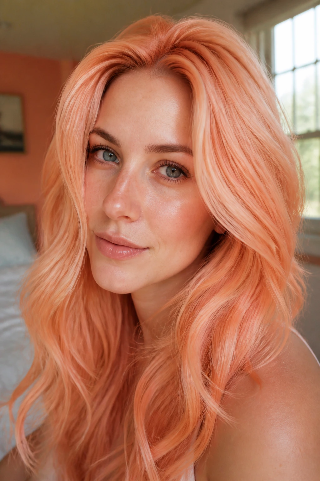Close-up of real woman with peach sorbet waves on cool skin