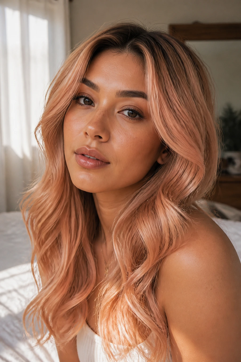 Close-up portrait of a real woman with soft peach strawberry blonde hair