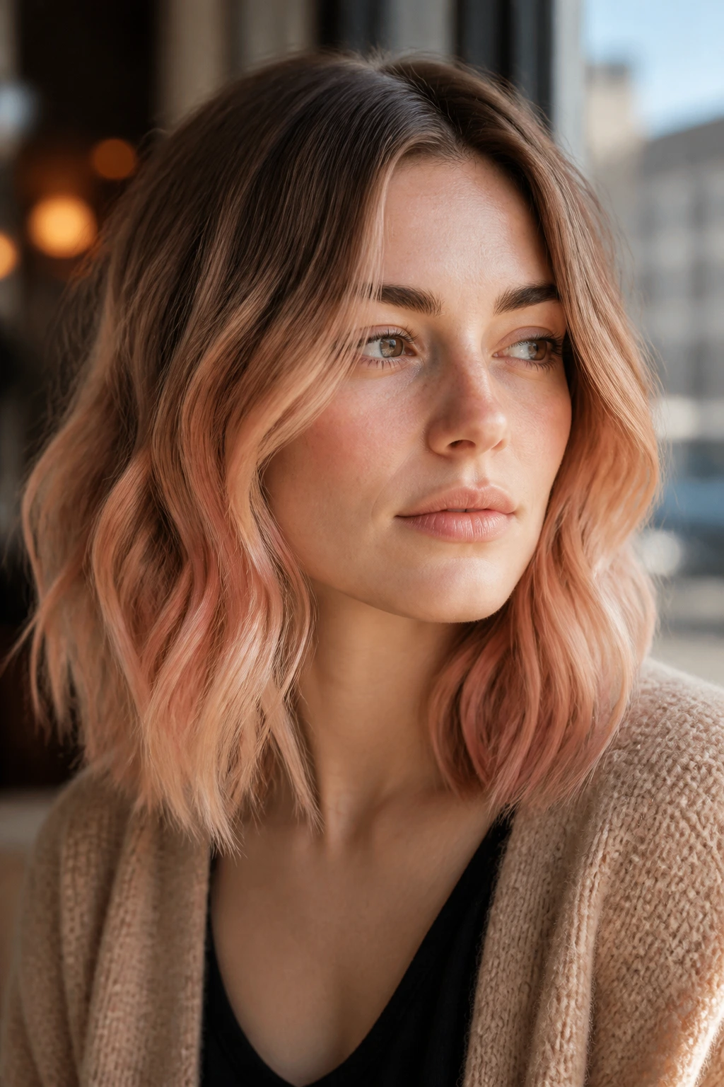 Close-up portrait of a real woman with peach tea balayage on pale skin and a square face, warm window light.