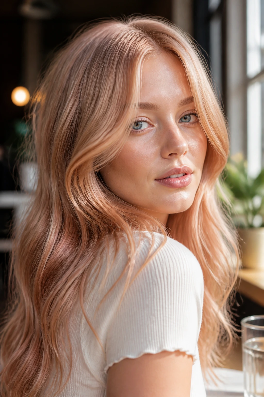 Close-up of a real woman with peach-tea blonde hair in sunlit setting