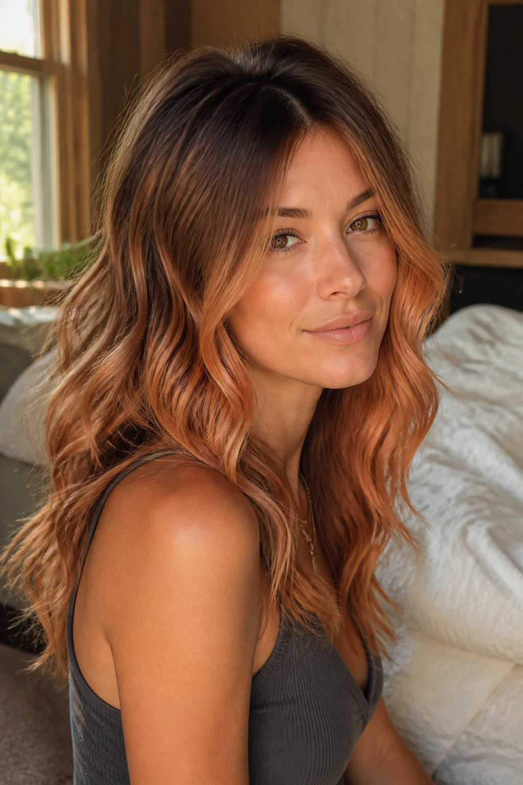 Close-up of a real woman with Peach-Tea Whiskey Melt hair color, warm brunette to peach-amber tones.