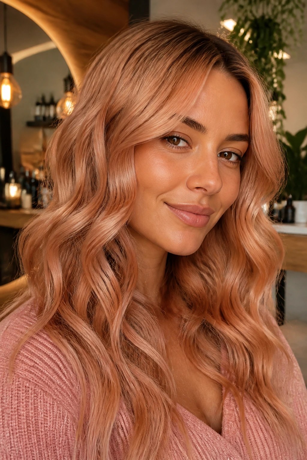 Close-up of hair with velvet peach waves framing the face.