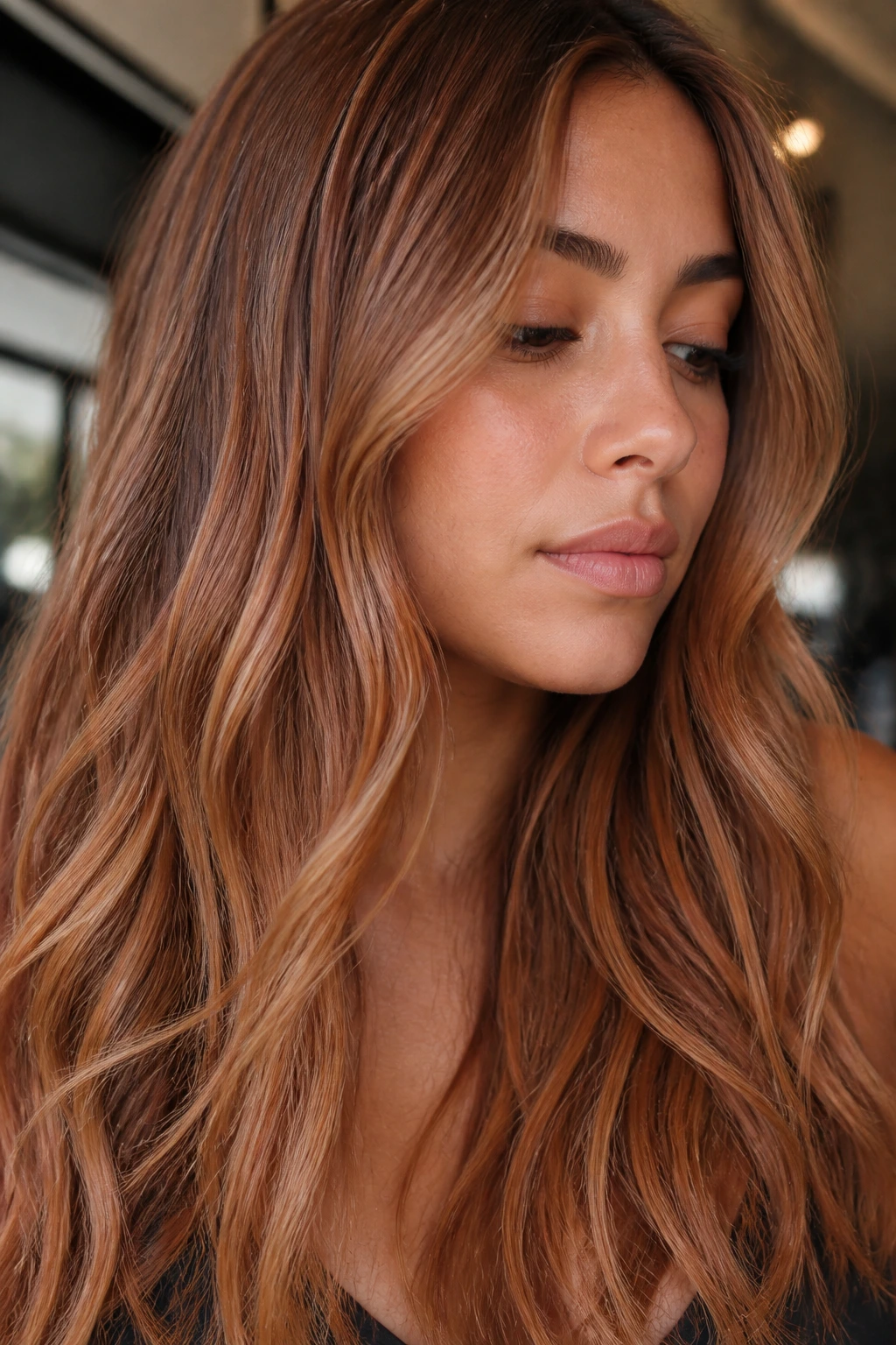 Close-up of peachy babylights on brown base with tan skin in warm light