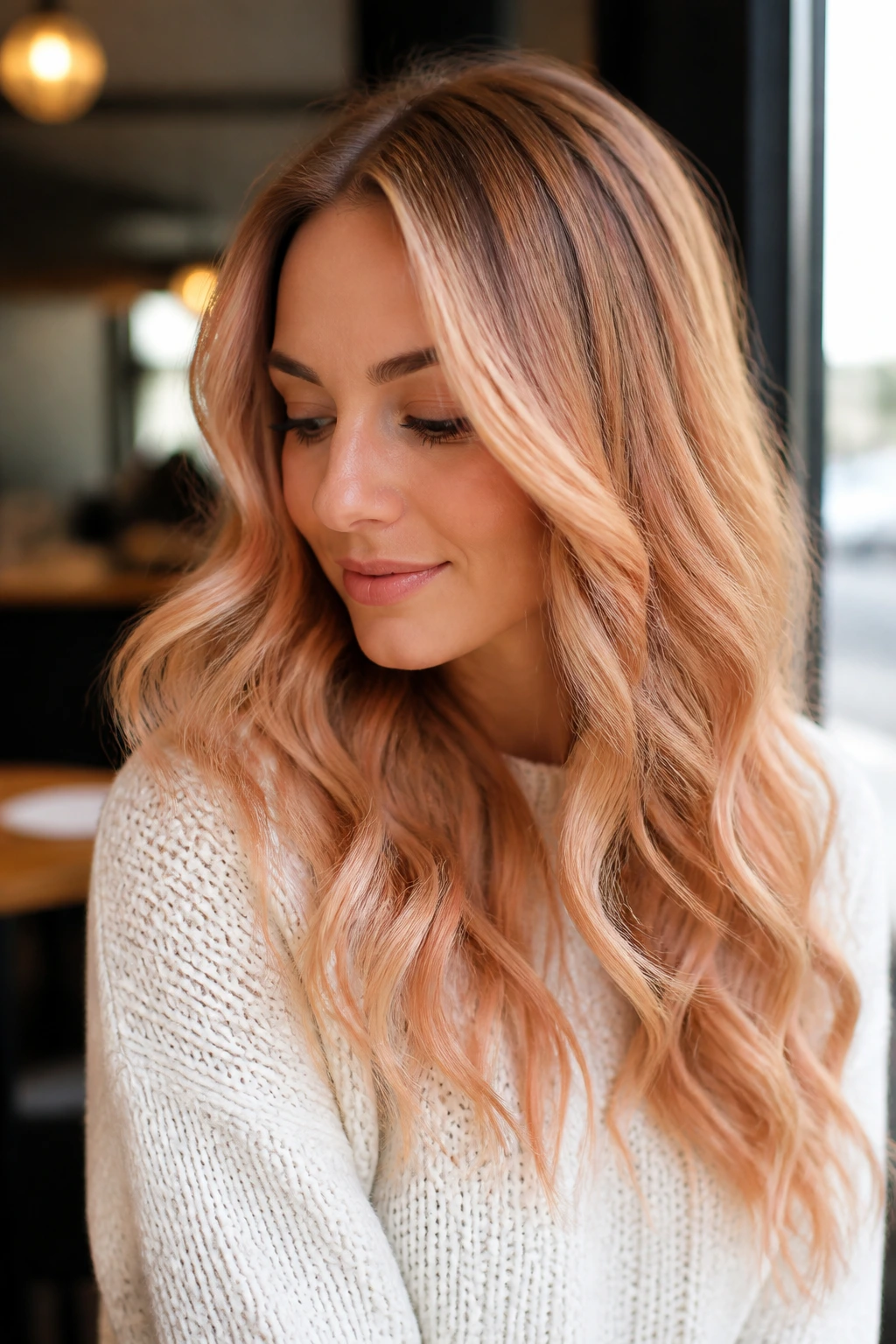 Portrait of a woman with peachy beige balayage in warm window light