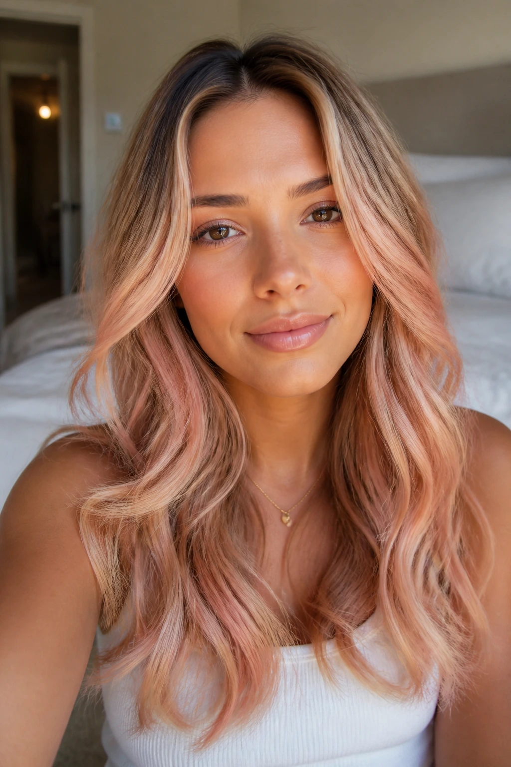 Close-up of peachy beige balayage on a real woman's hair