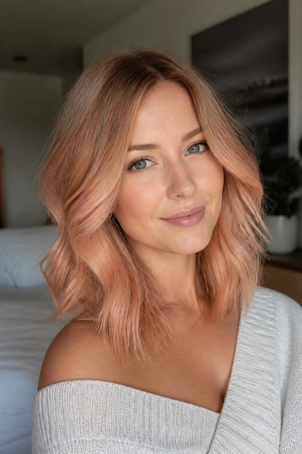 Close-up portrait of a real woman with peachy beige dimension hair, warm window light.