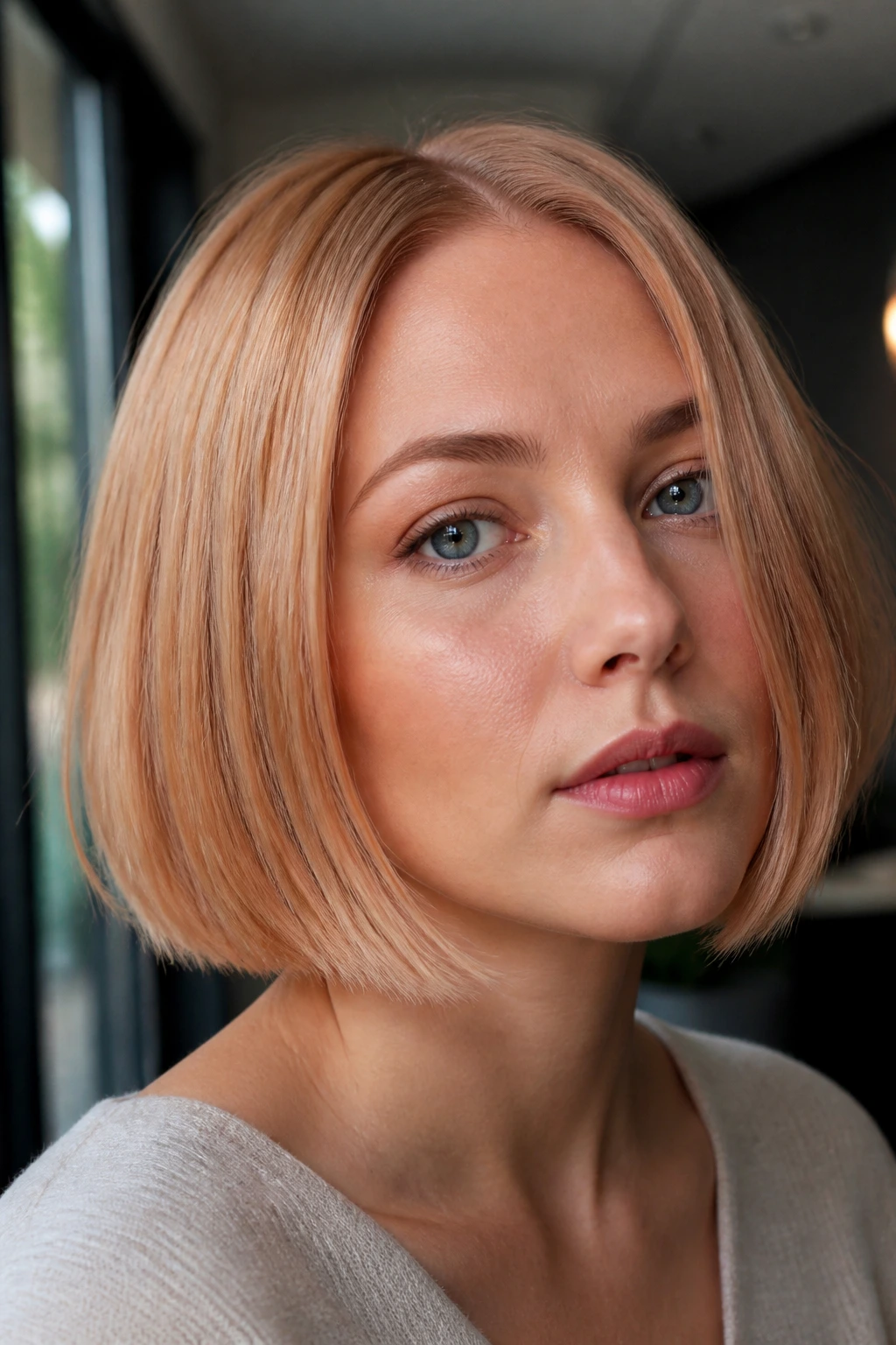 Close-up of a real woman's peachy beige strawberry blonde blunt bob in soft window light