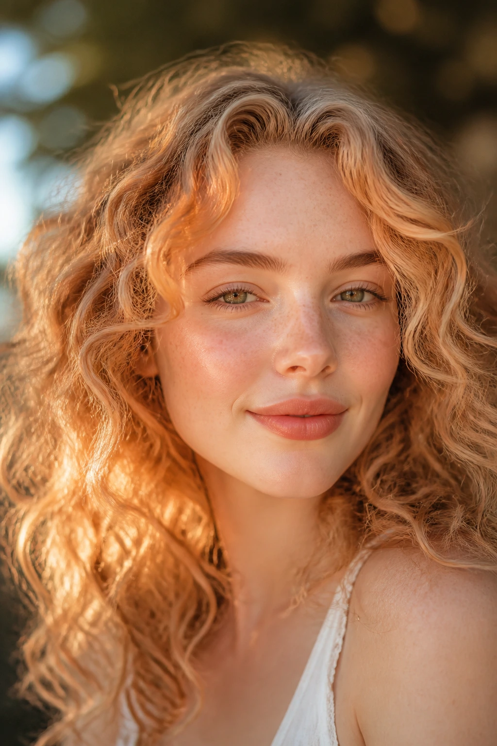 Close-up portrait of a real woman with peach halo highlights around the hairline