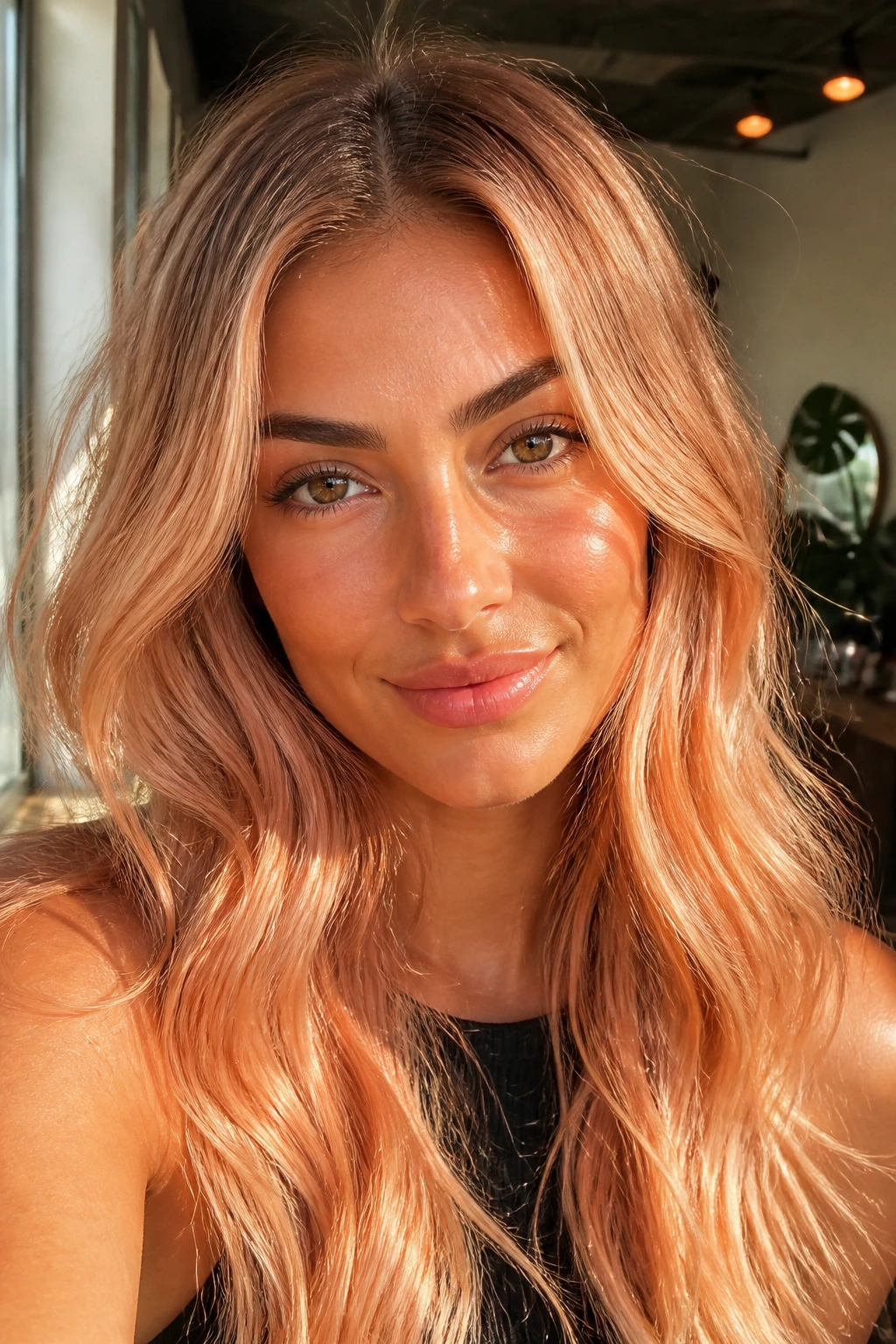 Close-up portrait of peachy champagne blonde hair on olive skin