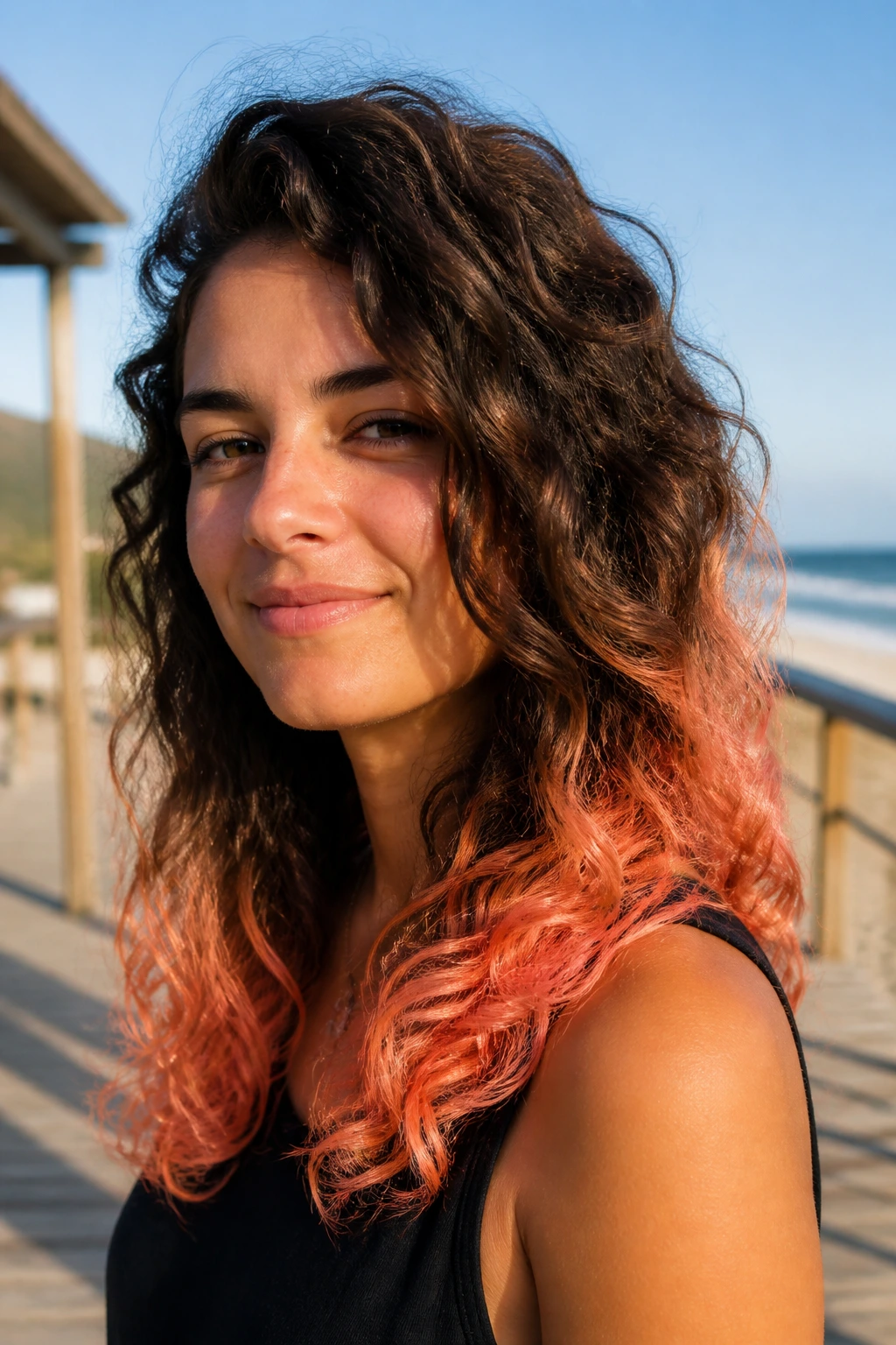 Close-up of a real woman with peachy coral tips on beachy waves
