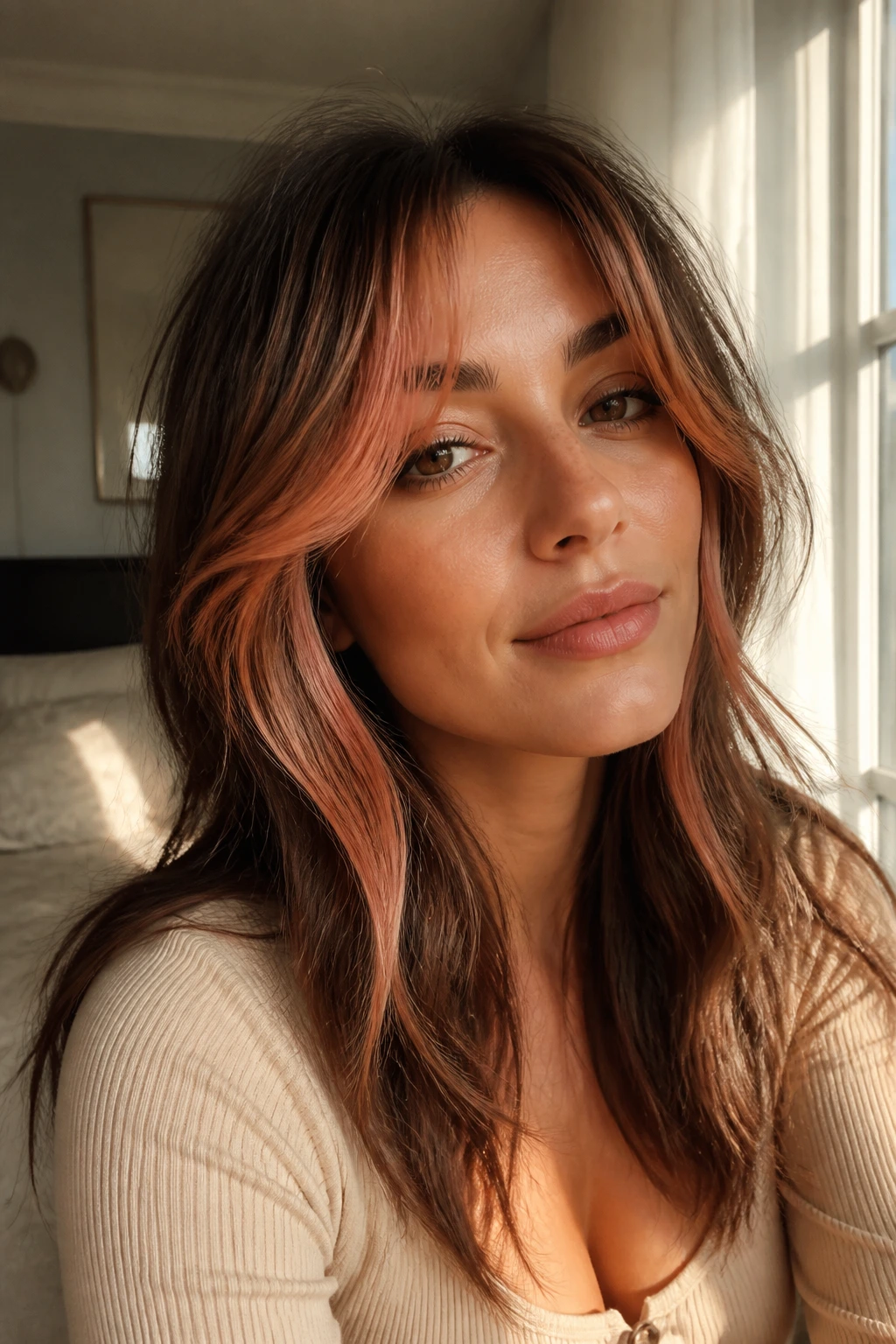 Portrait of brunette hair with peachy curtain bangs and strawberry highlights.