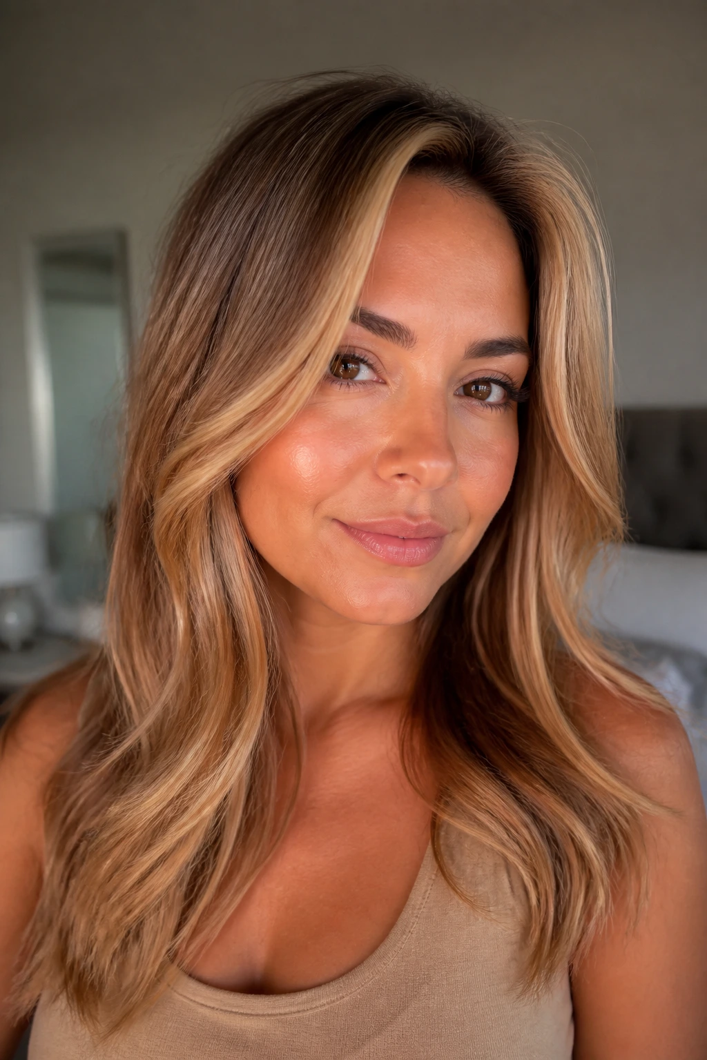 Close-up hair with peachy gold gloss highlights on warm-skintone woman