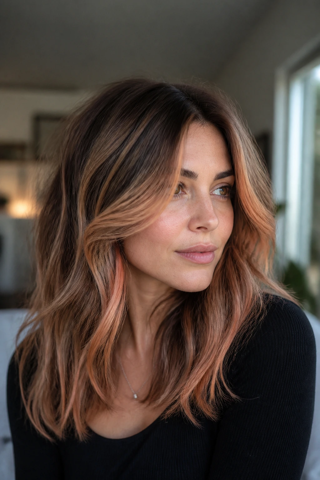 Portrait of brunette with peachy mushroom papaya color