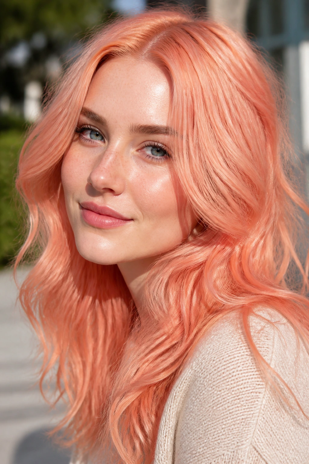 Close-up of a real woman wearing peachy pastel strawberry hair in soft waves.