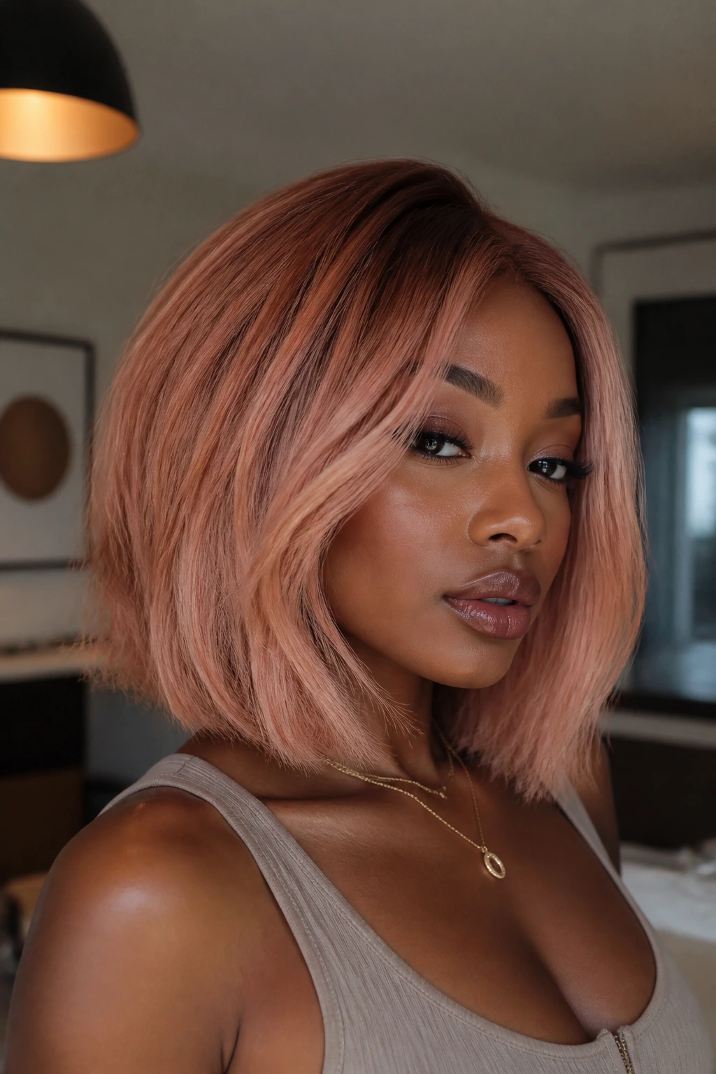 Close-up of a real person with peachy rose-gold lob under soft natural light.