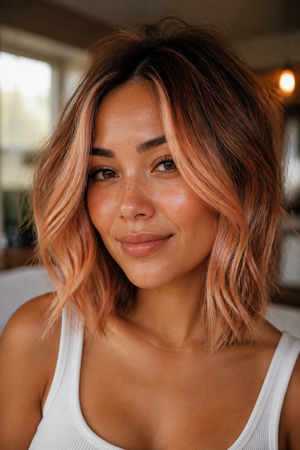 Close-up of a real person with peachy strawberry balayage and soft root shadow on tan skin.
