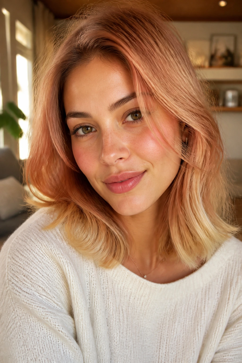 Close-up of peachy strawberry blonde hair with beige ends