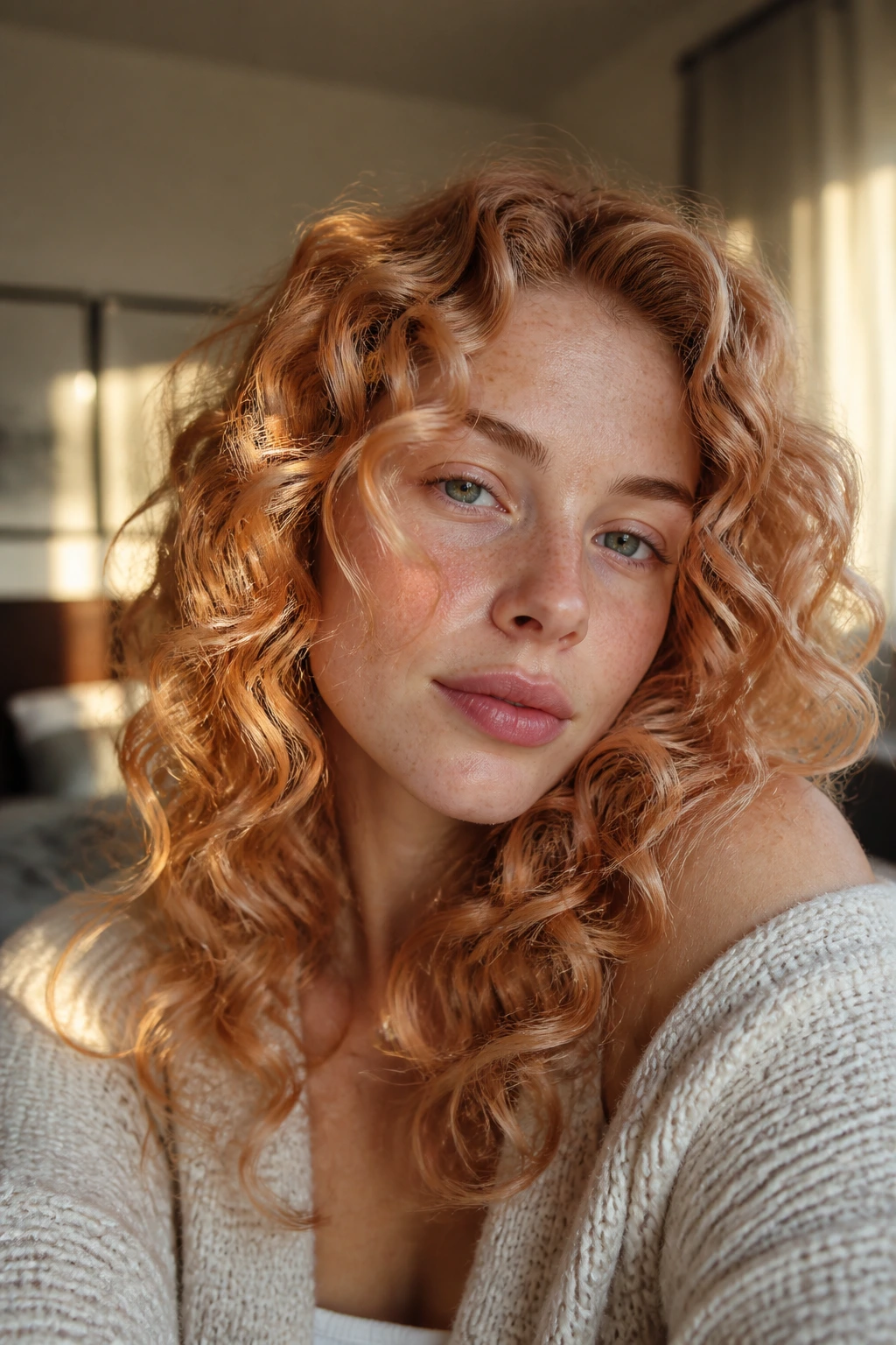 Close-up of real woman with peachy strawberry blonde curls in warm window light