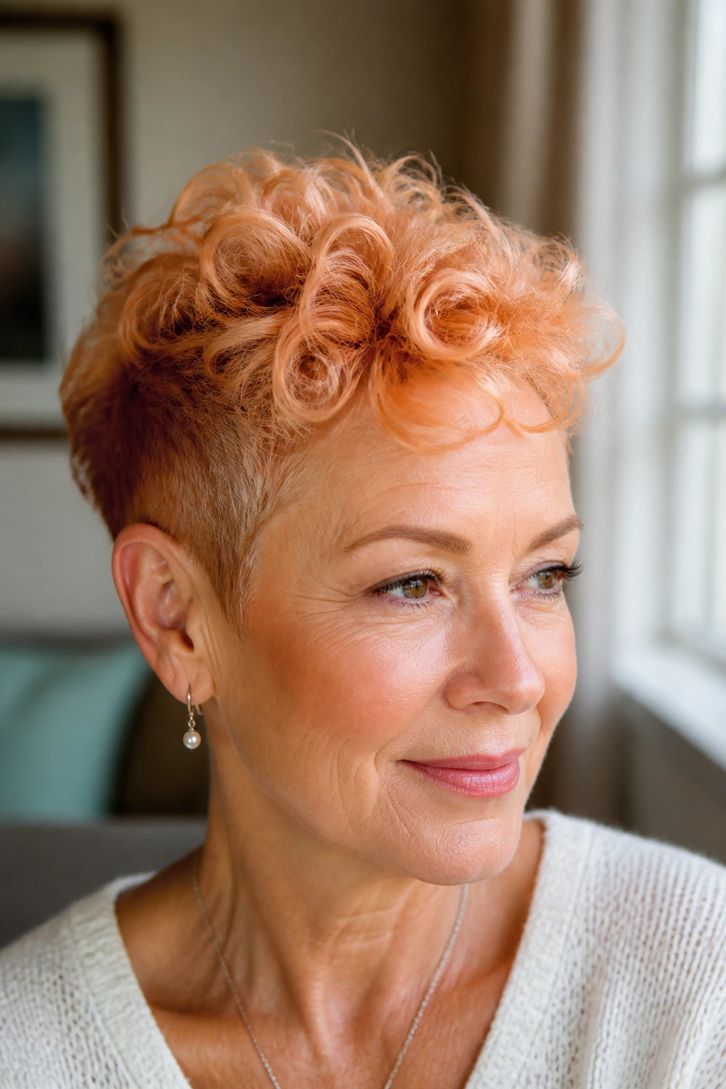 Close-up of a real woman with peachy strawberry blonde short curly hairstyle.