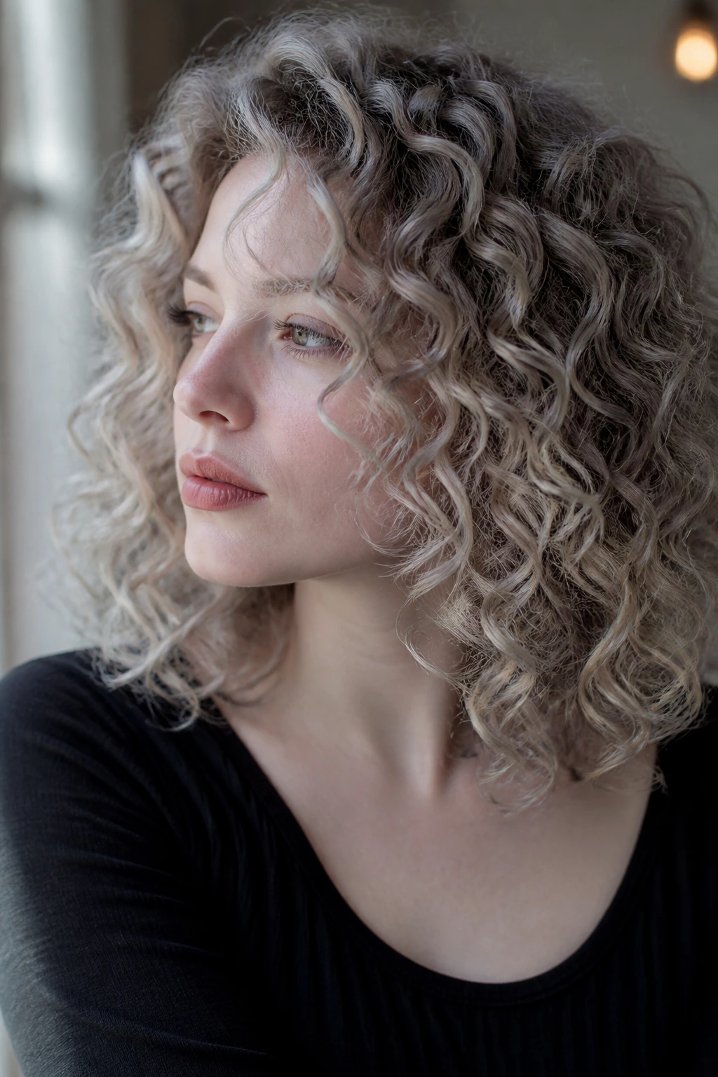 Curly hair with pearl ash balayage on cool pale skin