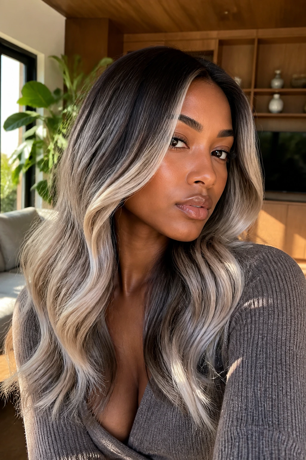 Close-up of a real person with pearl ash balayage hair