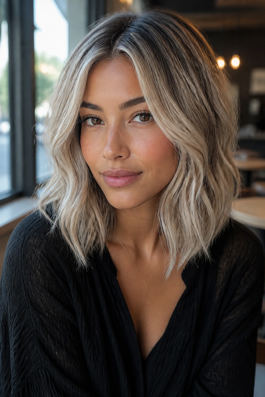 Portrait of a person with pearl ash blonde lob hairstyle