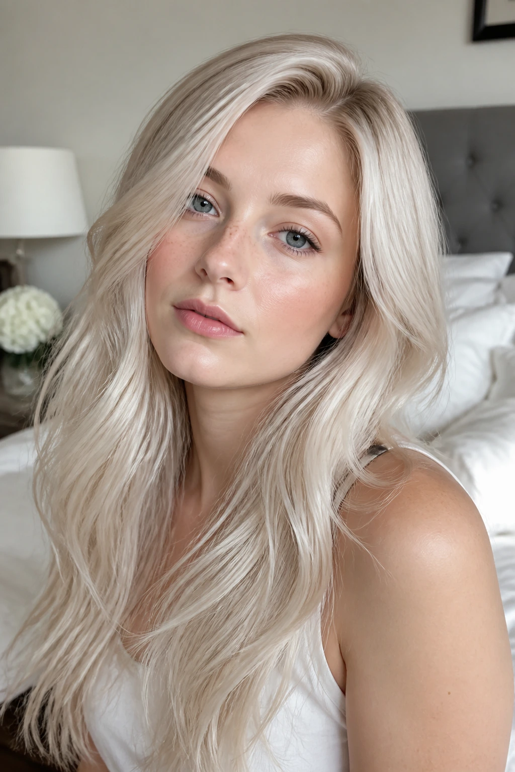 Close-up of a real woman with pearl ash blonde hair and glossy finish
