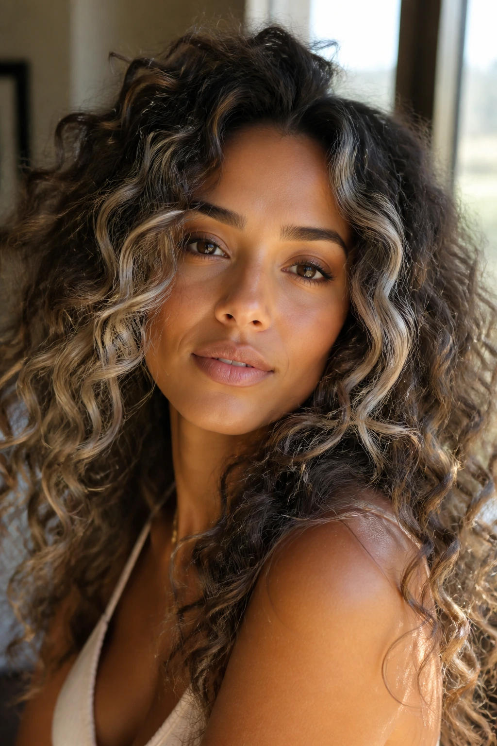 Close-up portrait of a real woman with pearl ash contouring around the face on curly hair
