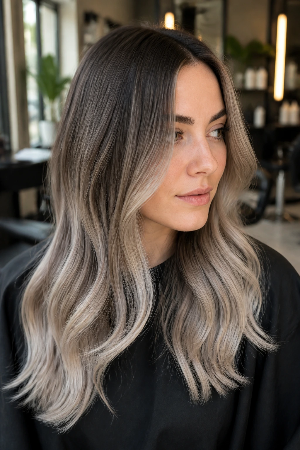 Close-up of a real woman showing pearl ash ombré with soft ends and a cool gradient.