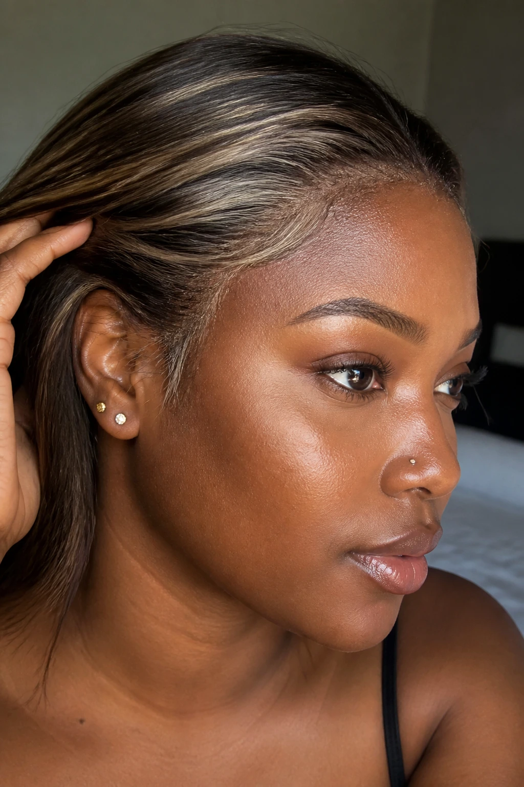 Hairline with delicate pearl babylights on a real person