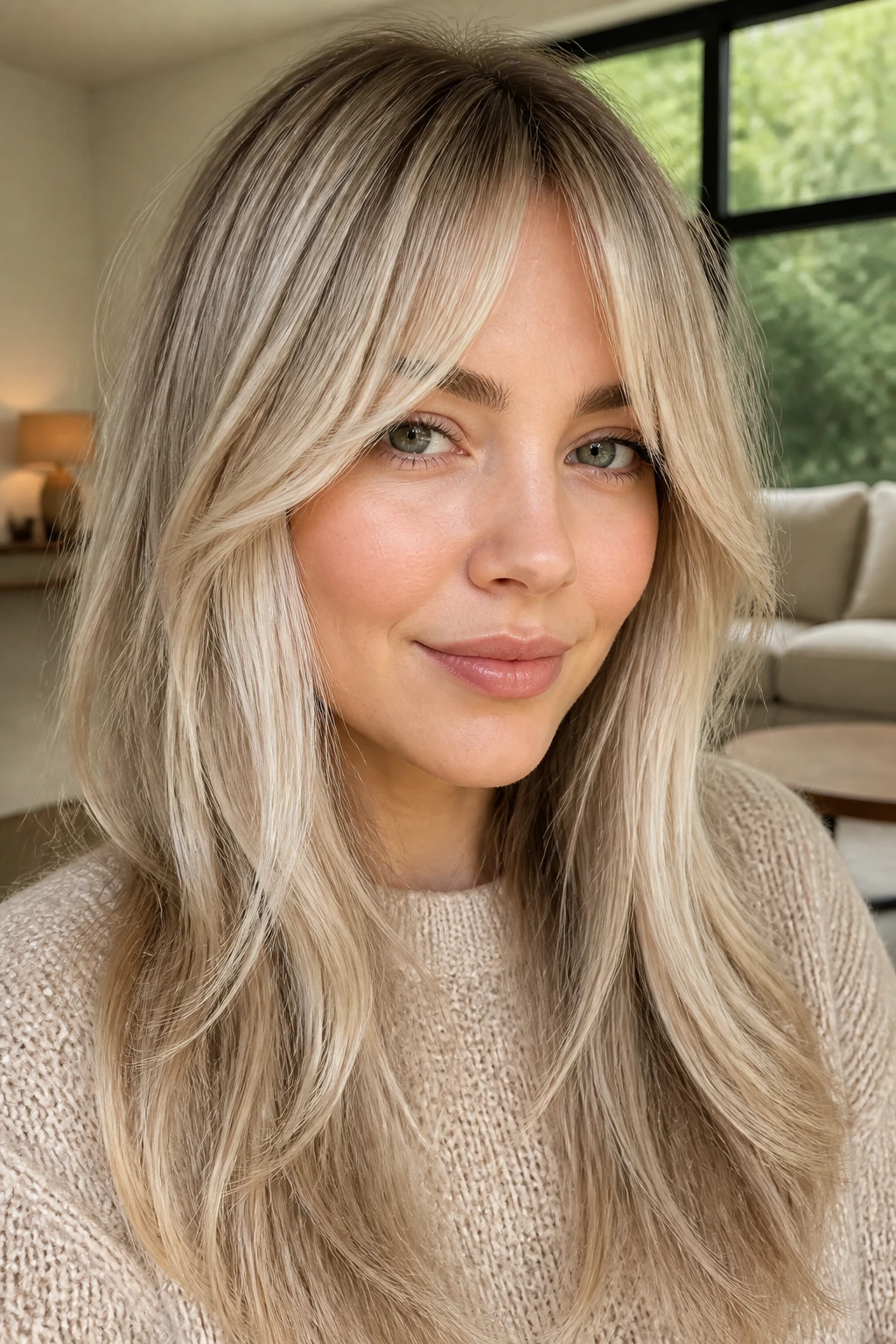 Portrait of a woman with icy pearl babylights and soft root shadow