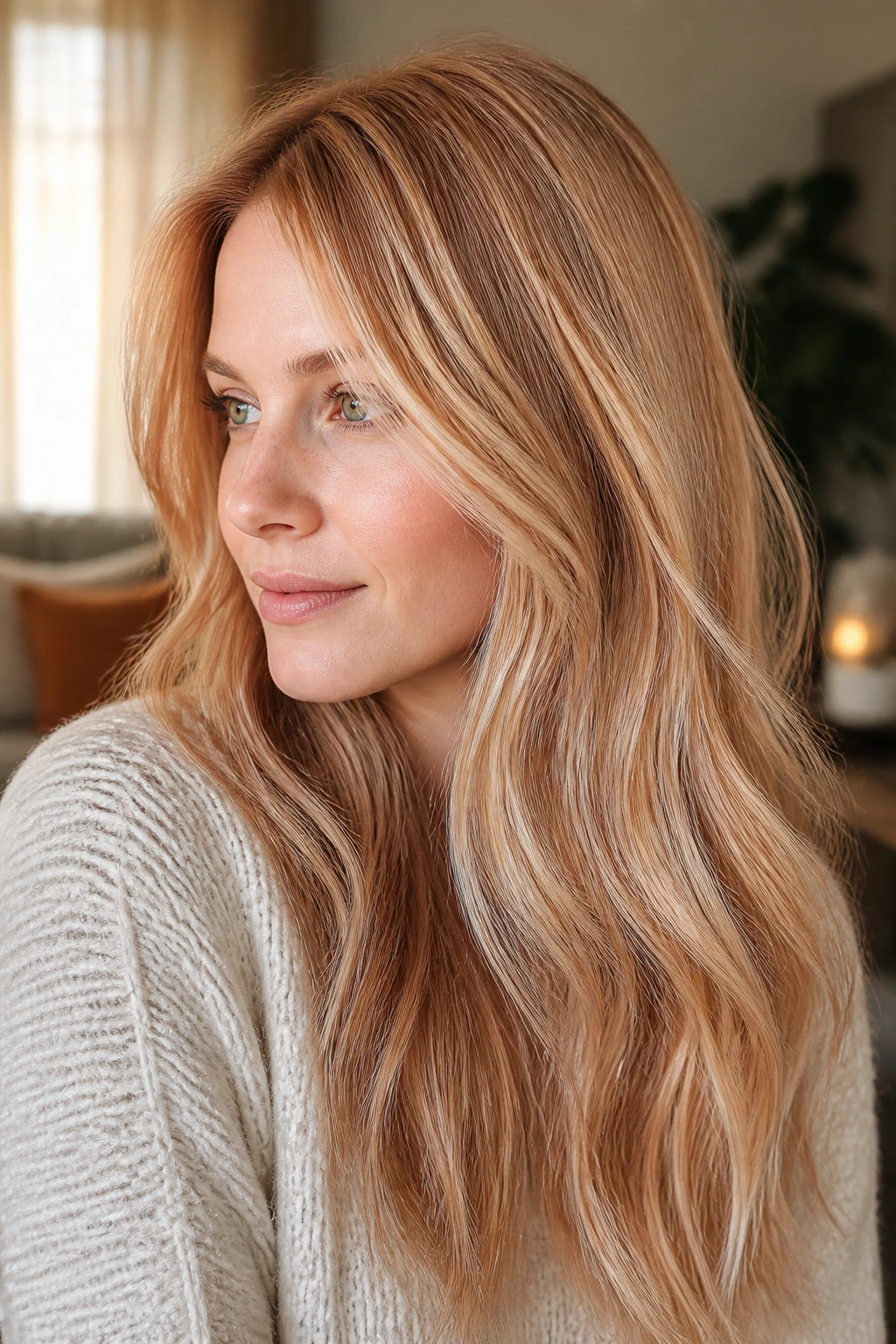 Real woman with pearl babylights over strawberry blonde in soft daylight