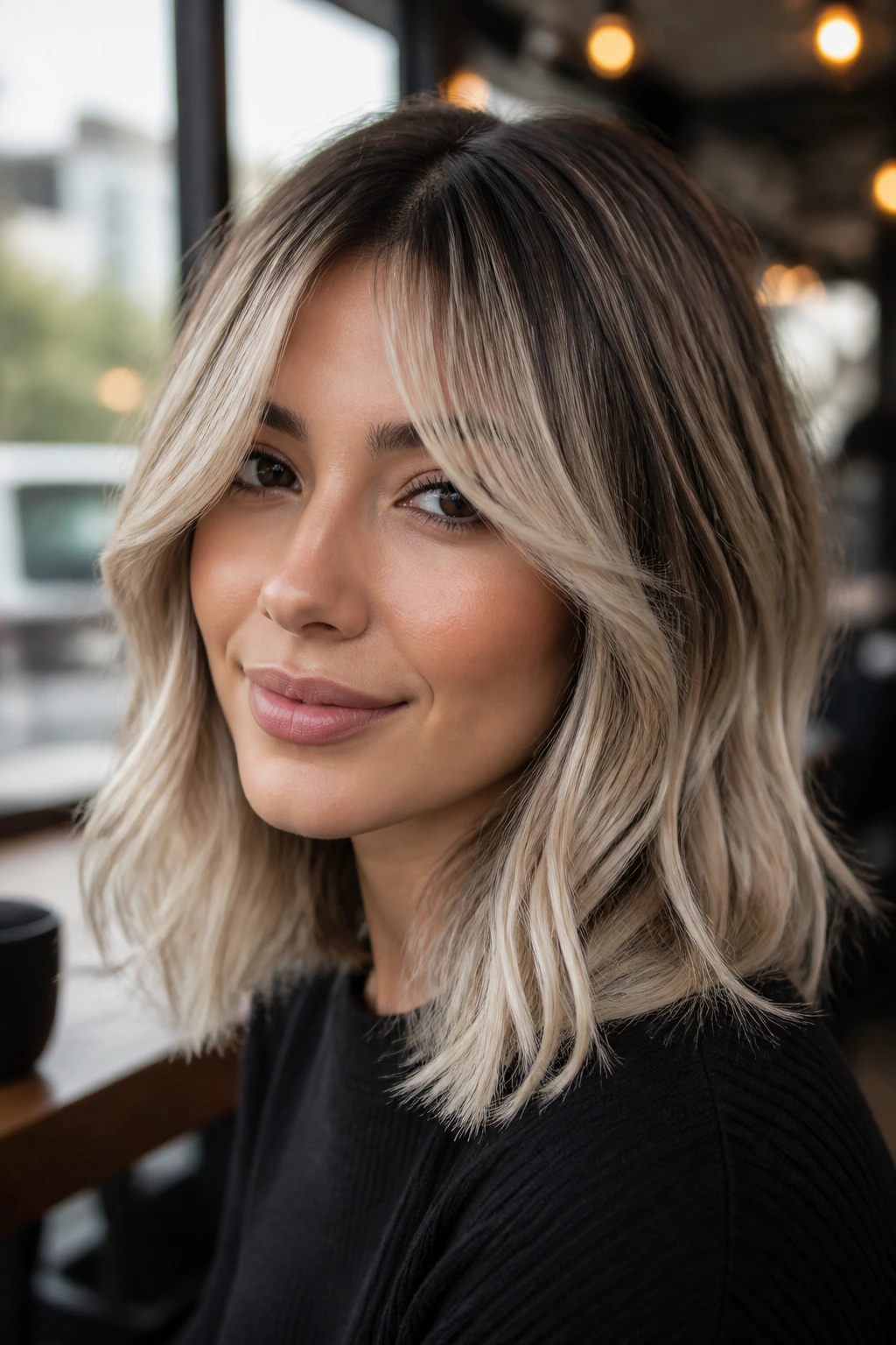 Close-up portrait of a real person with pearl balayage lob and curtain bangs.