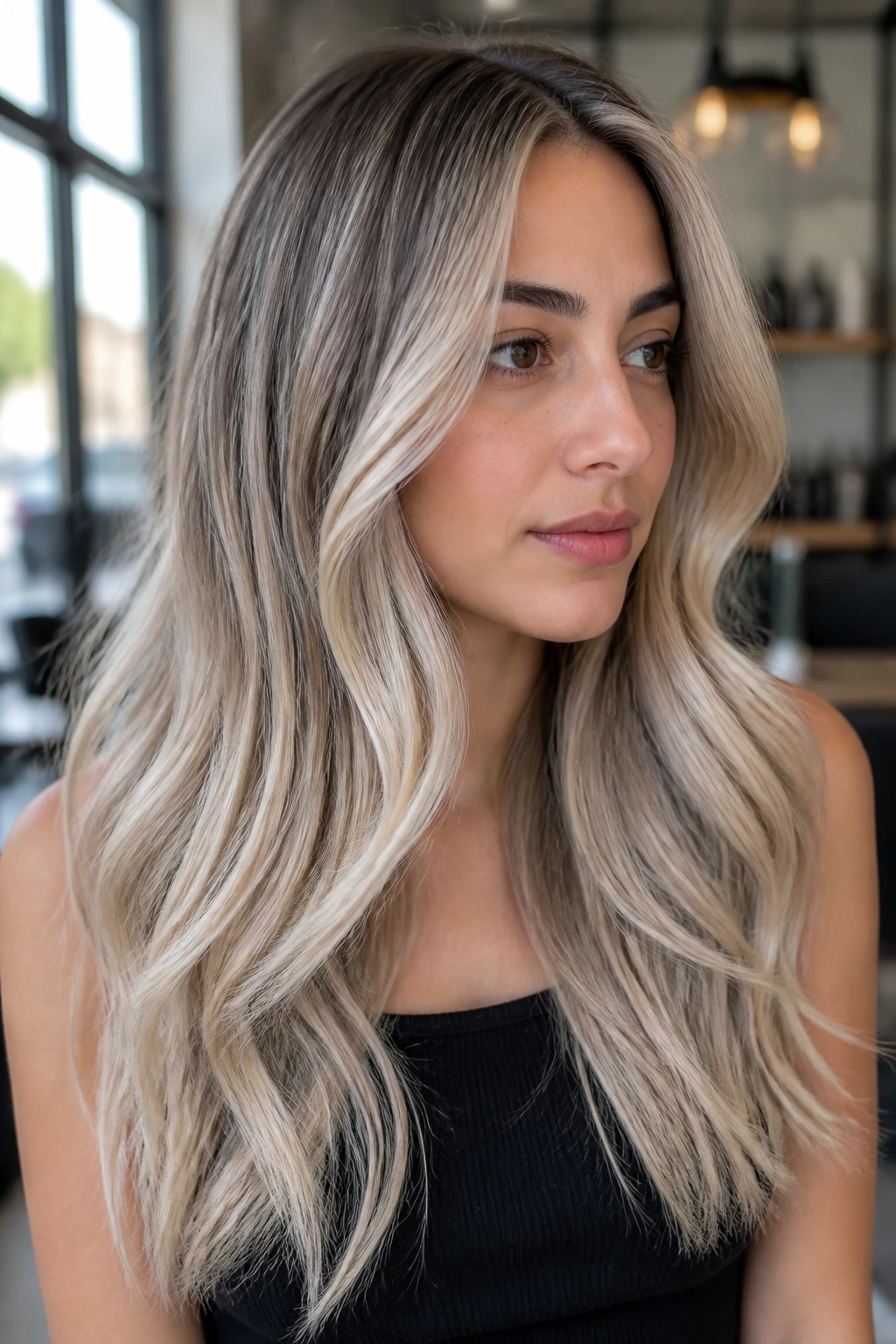 Close-up of a real person with long hair in pale pearl balayage.