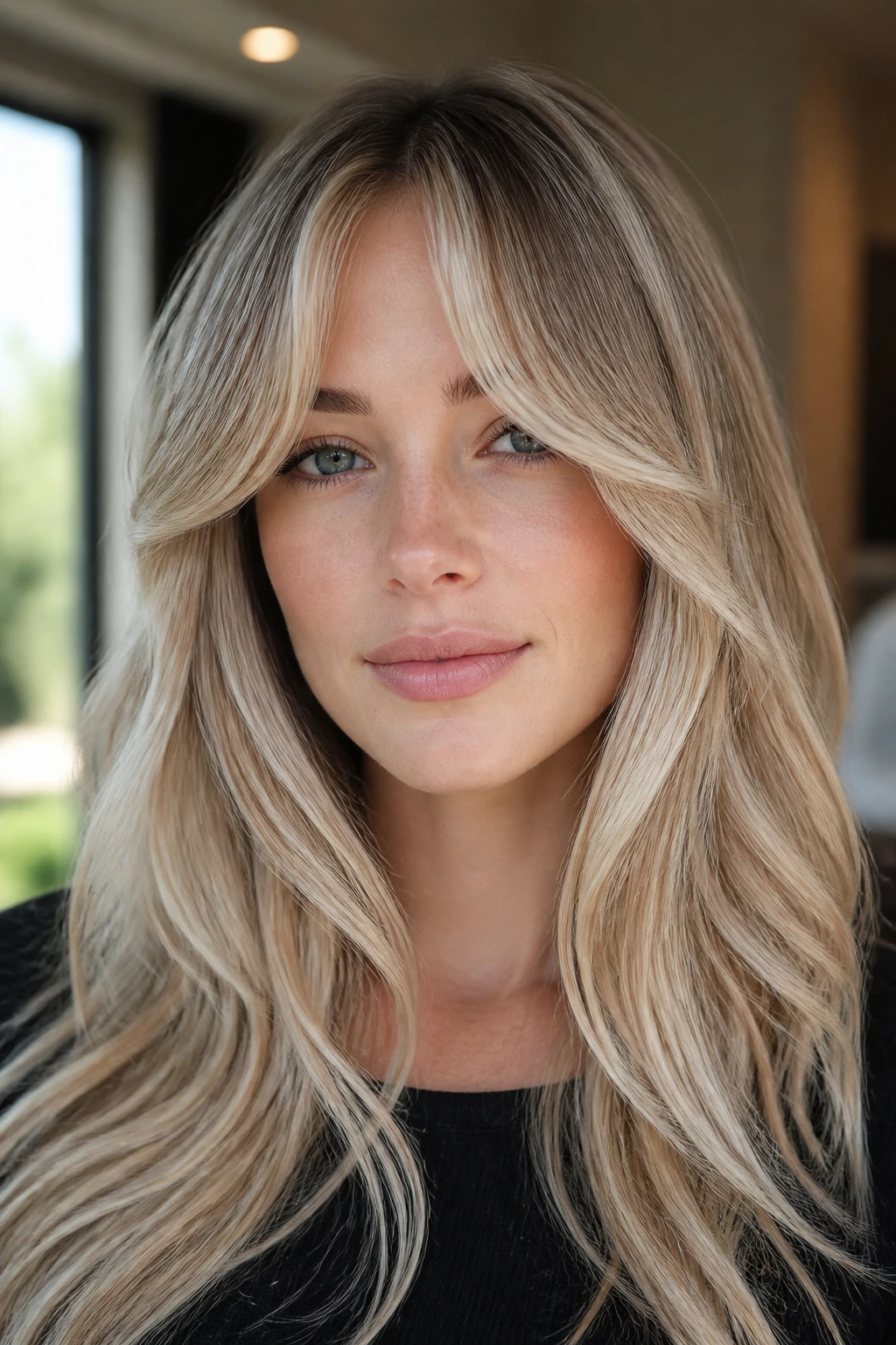 Close-up portrait of a real woman with pearl balayage and U-shaped bangs in soft window light