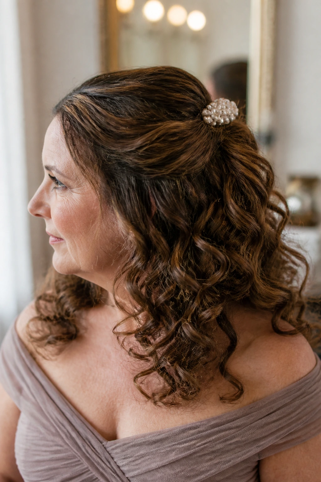 Close-up of a real woman with a half-up hairstyle secured by a pearl barrette.