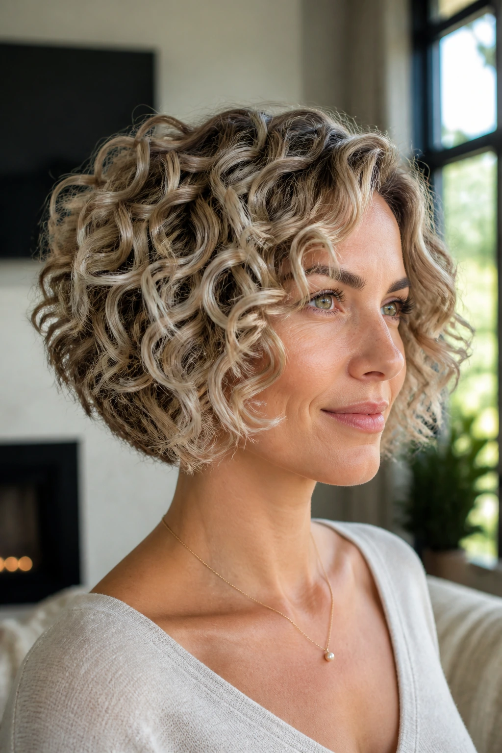 Real woman with pearl beige babylight bob and soft curls