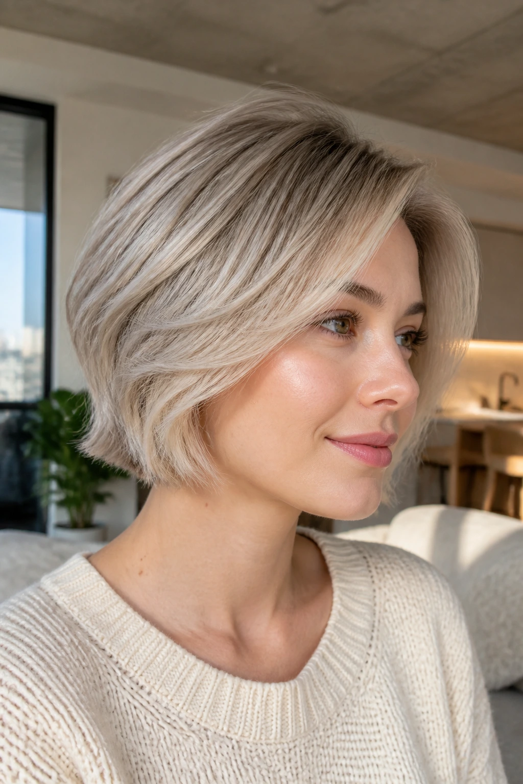 Close-up portrait of a woman with pearl-beige babylights and soft gloss