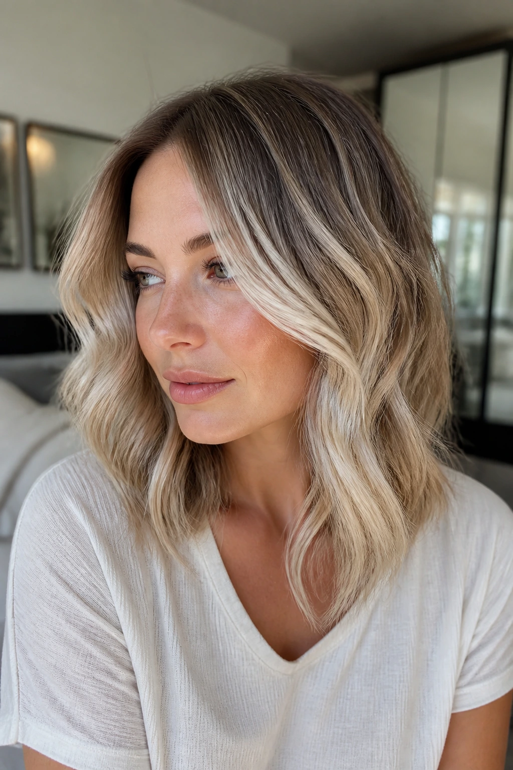 Person with pearl-beige balayage and loose waves in natural light