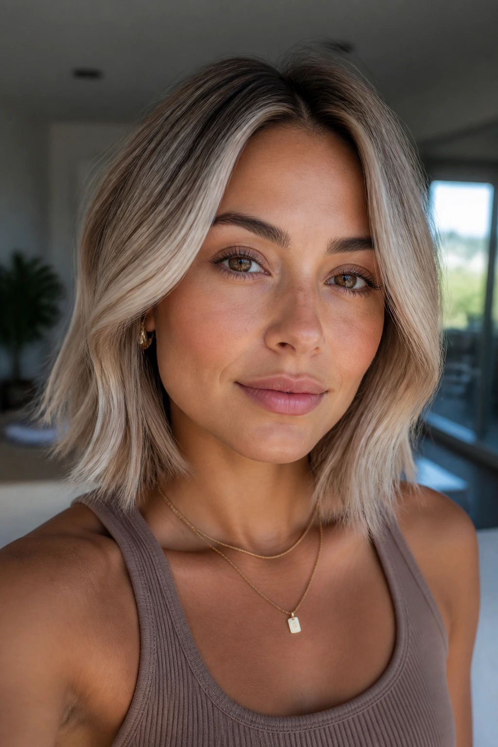 Close-up portrait of a real woman with pearl beige blonde framing her face.