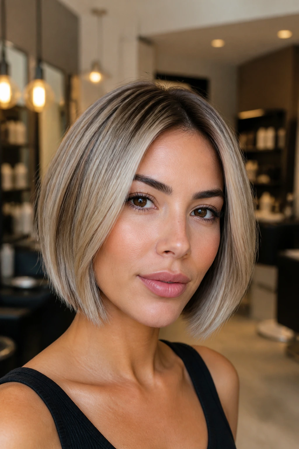 Close-up of a real woman with pearl beige bob and interior lowlights