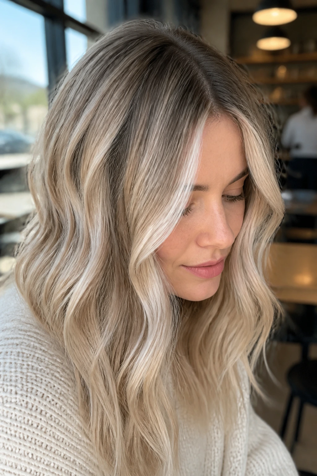 Portrait of a woman with pearl-beige champagne hair and soft root shadow in a cafe.